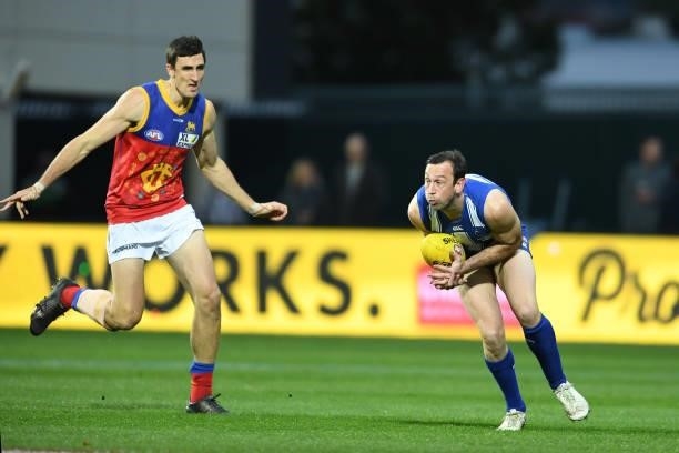 Todd Goldstein of the Kangaroos takes a mark during the round 14 AFL match between the North Melbourne Kangaroos and the Brisbane Lions at Blundstone...