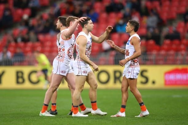 Toby Greene of the Giants celebrates kicking a goal during the round 14 AFL match between the Greater Western Sydney Giants and the Carlton Blues at...