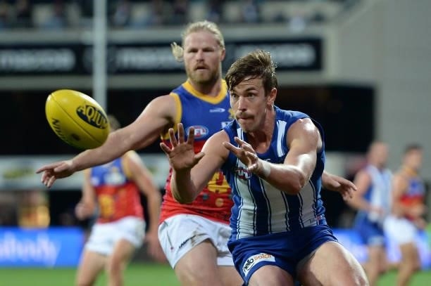 Tristan Xerri of the Kangaroos in action during the round 14 AFL match between the North Melbourne Kangaroos and the Brisbane Lions at Blundstone...