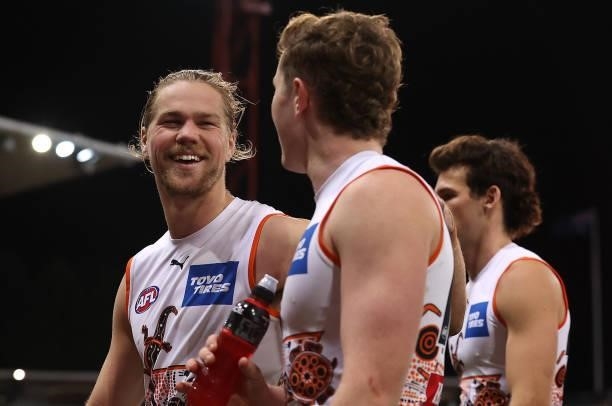 Harry Himmelberg and Tom Green of the Giants celebrate winning the round 14 AFL match between the Greater Western Sydney Giants and the Carlton Blues...