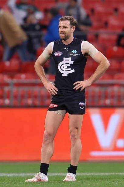 Am Docherty of the Blues look dejected after losing the round 14 AFL match between the Greater Western Sydney Giants and the Carlton Blues at GIANTS...
