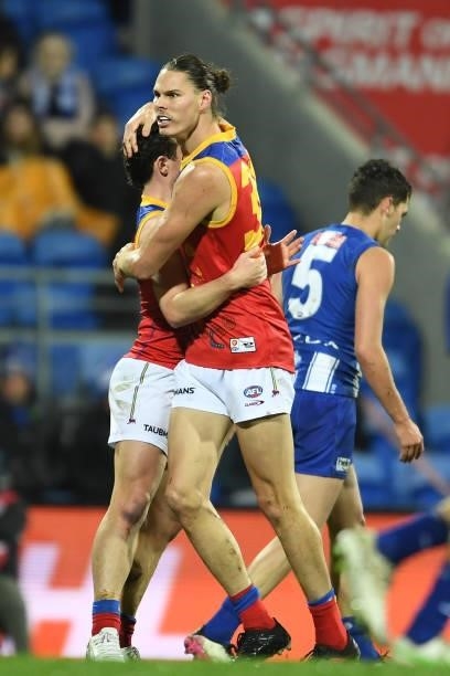 Eric Hipwood of the Lions celebrates a goal during the round 14 AFL match between the North Melbourne Kangaroos and the Brisbane Lions at Blundstone...