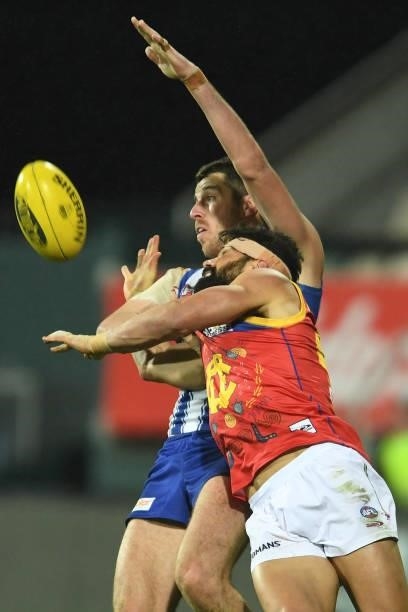 Tristan Xerri of the Kangaroos competes for the ball during the round 14 AFL match between the North Melbourne Kangaroos and the Brisbane Lions at...
