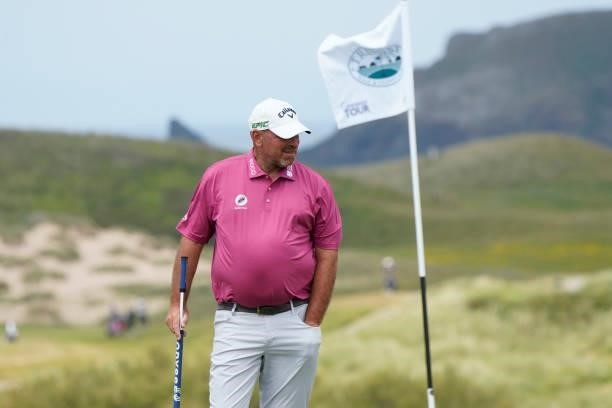 Thomas Bjorn of Denmark looks on during the second round of the Farmfoods Legends European Links Championship hosted by Ian Woosnam at Trevose Golf &...