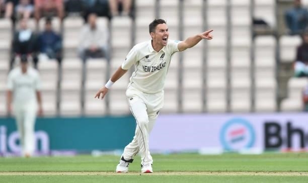 Trent Boult of New Zealand appeals and gets Cheteshwar Pujara of India out during Day 2 of the ICC World Test Championship Final between India and...
