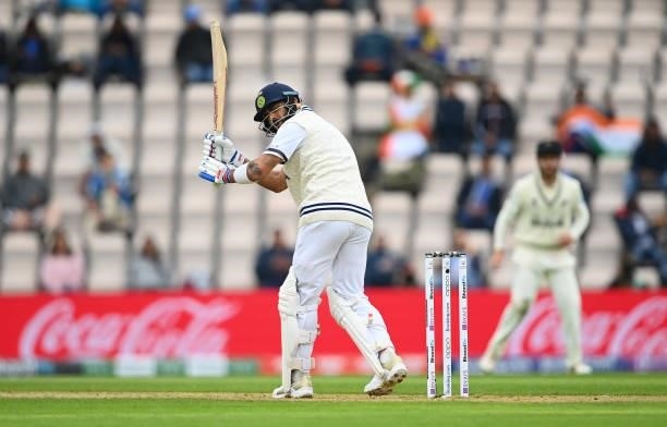 Virat Kohli of India hits down the legside during Day 2 of the ICC World Test Championship Final between India and New Zealand at The Hampshire Bowl...