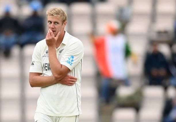 Kyle Jamieson of New Zealand reacts during Day 2 of the ICC World Test Championship Final between India and New Zealand at the Hampshire Bowl on June...