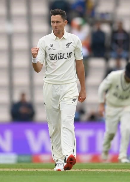 Trent Boult of New Zealand reacts after dismissing Cheteshwar Pujara of India during Day 2 of the ICC World Test Championship Final between India and...