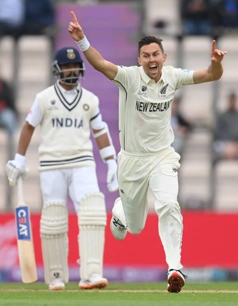 Trent Boult of New Zealand reacts after thinking he has had Virat Kohli caught during Day 2 of the ICC World Test Championship Final between India...