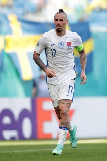 Marek Hamsik of Slovakia in action during the UEFA Euro 2020 Championship Group E match between Sweden and Slovakia at Saint Petersburg Stadium on...