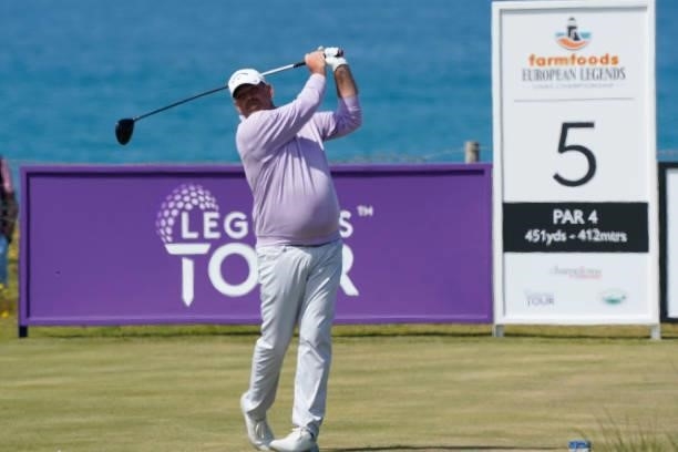 Thomas Bjorn of Denmark in action during the second round of the Farmfoods Legends European Links Championship hosted by Ian Woosnam at Trevose Golf...