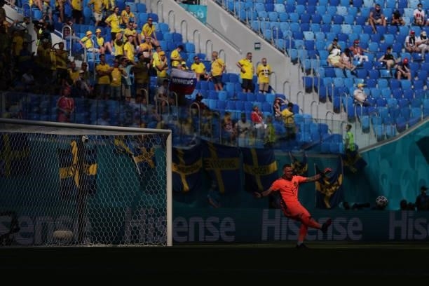 Goalkeeper Robin Olsen of Sweden strikes the ball during the UEFA Euro 2020 Championship Group E match between Sweden and Slovakia at Saint...