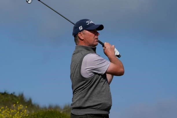 Peter Scott of England in action during the second round of the Farmfoods Legends European Links Championship hosted by Ian Woosnam at Trevose Golf &...