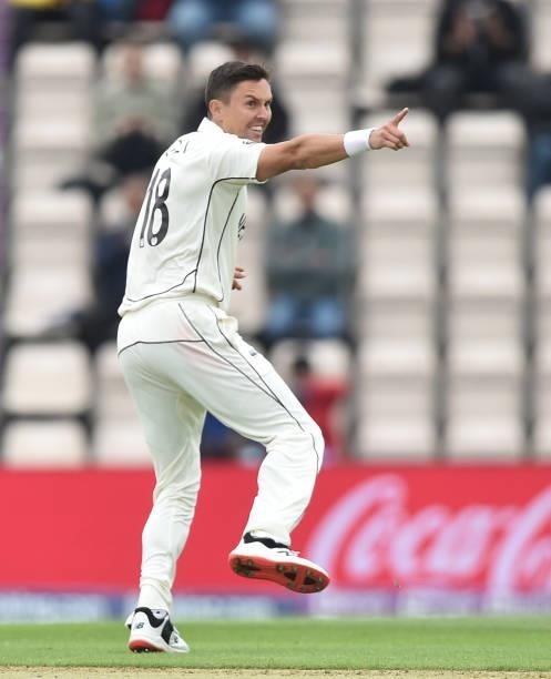 Trent Boult of New Zealand appeals to get Virat Kohli of India out but was unsuccessful during Day 2 of the ICC World Test Championship Final between...