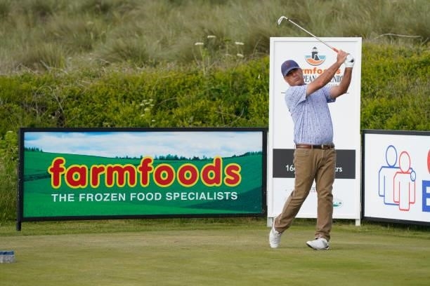 Clark Dennis of United States in action during the second round of the Farmfoods Legends European Links Championship hosted by Ian Woosnam at Trevose...
