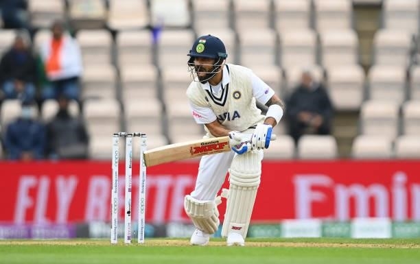 Virat Kohli of India hits runs during Day 2 of the ICC World Test Championship Final between India and New Zealand at The Hampshire Bowl on June 19,...