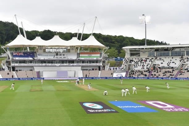 General view of play during Day 2 of the ICC World Test Championship Final between India and New Zealand at Hampshire Bowl on June 19, 2021 in...