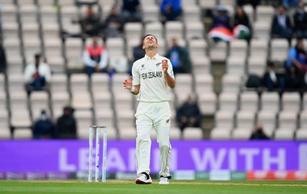 Trent Boult of New Zealand reacts during Day 2 of the ICC World Test Championship Final between India and New Zealand at The Hampshire Bowl on June...