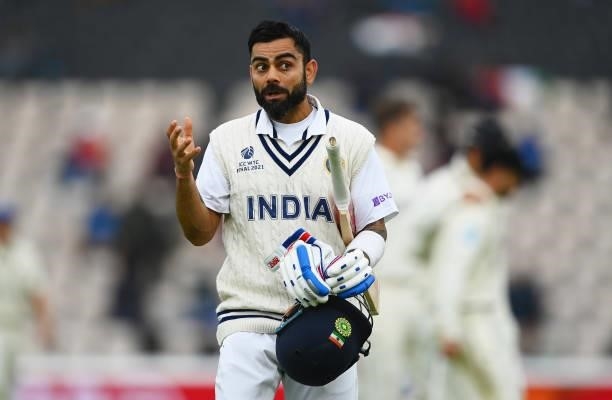Virat Kohli of India walks off as bad light delays play on Day 2 of the ICC World Test Championship Final between India and New Zealand at The...