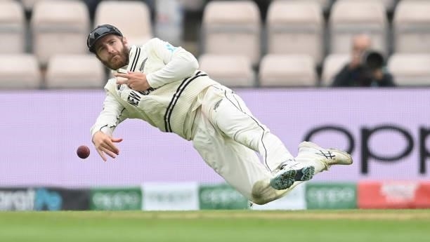 Kane Williamson of New Zealand throws at the stumps during Day 2 of the ICC World Test Championship Final between India and New Zealand at the...