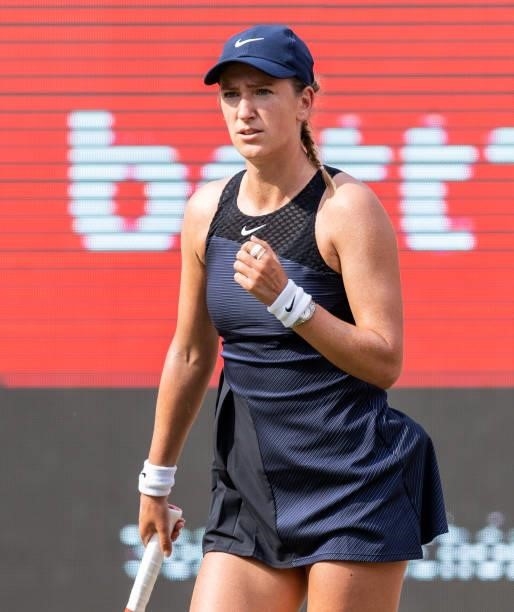 Victoria Azarenka of Belarus celebrates in the women's singles semifinal match against Liudmila Samsonova of Russia during day 8 of the bett1open at...