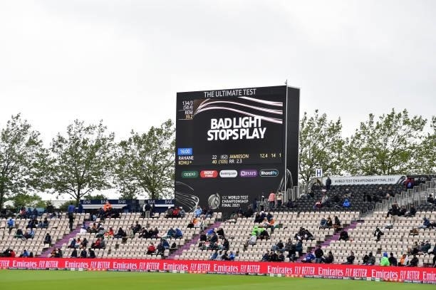 Bad light stops play during Day 2 of the ICC World Test Championship Final between India and New Zealand at Hampshire Bowl on June 19, 2021 in...
