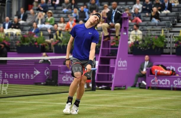 Denis Shapovalov of Canada reacts during his Semi-final match against Cameron Norrie of Great Britain during Day 6 of The cinch Championships at The...