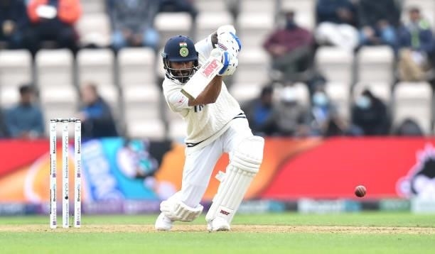 Virat Kohli of India plays drives the ball down the ground during Day 2 of the ICC World Test Championship Final between India and New Zealand at...