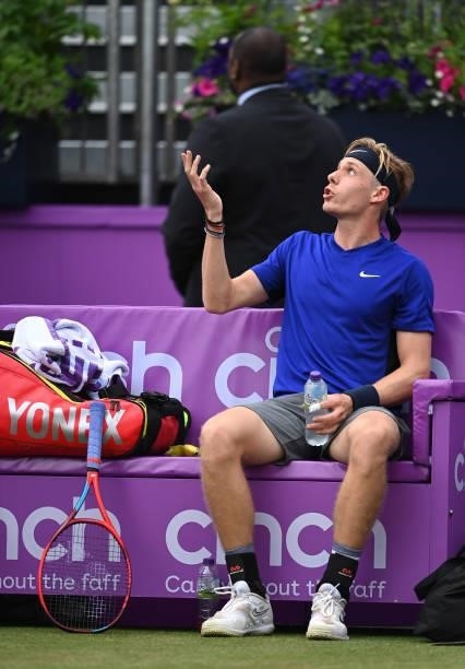 Denis Shapovalov of Canada has a heated discussion with the chair umpire Carlos Bernardes during his Semi-final match against Cameron Norrie of Great...