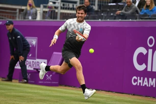 Cameron Norrie of Great Britain plays a forehand during his Semi-final match against Denis Shapovalov of Canada during Day 6 of The cinch...
