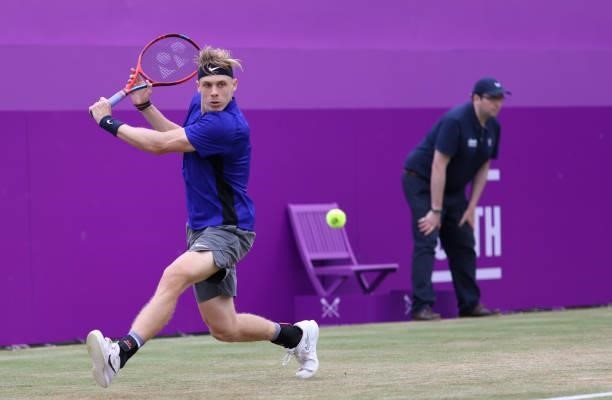 Denis Shapovalov of Canada plays a backhand during his Semi-final match against Cameron Norrie of Great Britain during Day 6 of The cinch...