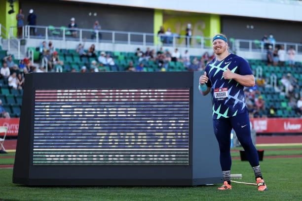Ryan Crouser poses after throwing for a world record of 23.37 meters in the Men's Shot Put final during day one of the 2020 U.S. Olympic Track &...