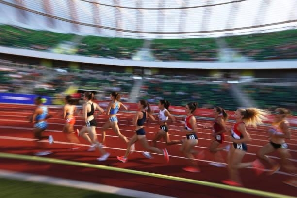 Athletes run in the first round of the Women's 5000 Meter during day one of the 2020 U.S. Olympic Track & Field Team Trials at Hayward Field on June...