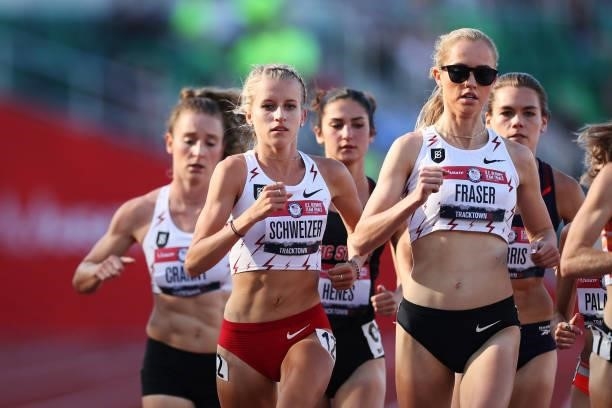 Karissa Schweizer and Vanessa Fraser run in the first round of the Women's 5000 Meter during day one of the 2020 U.S. Olympic Track & Field Team...