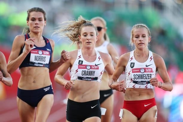 Josette Norris, Elise Cranny and Karissa Schweizer run in the first round of the Women's 5000 Meter during day one of the 2020 U.S. Olympic Track &...