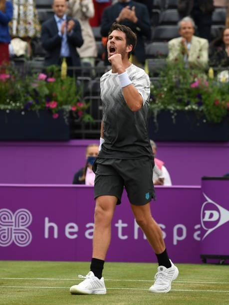 Cameron Norrie of Great Britain celebrates match point during his Semi-final match against Denis Shapovalov of Canada during Day 6 of The cinch...