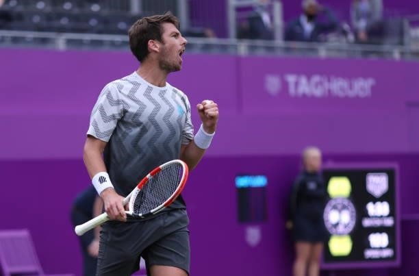 Cameron Norrie of Great Britain celebrates match point during his Semi-final match against Denis Shapovalov of Canada during Day 6 of The cinch...