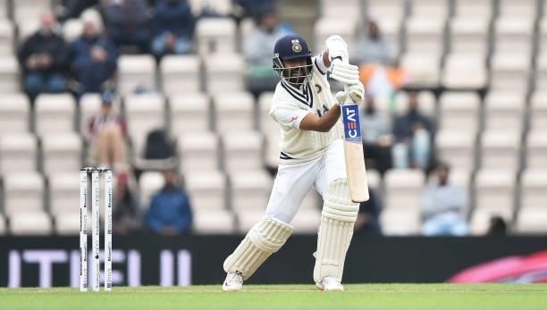Ajinkya Rahane of India bats during Day 2 of the ICC World Test Championship Final between India and New Zealand at Hampshire Bowl on June 19, 2021...