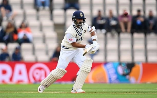 Ajinkya Rahane of India hits runs during Day 2 of the ICC World Test Championship Final between India and New Zealand at The Hampshire Bowl on June...