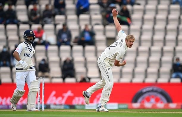 Kyle Jamieson of New Zealand bowls during Day 2 of the ICC World Test Championship Final between India and New Zealand at The Hampshire Bowl on June...