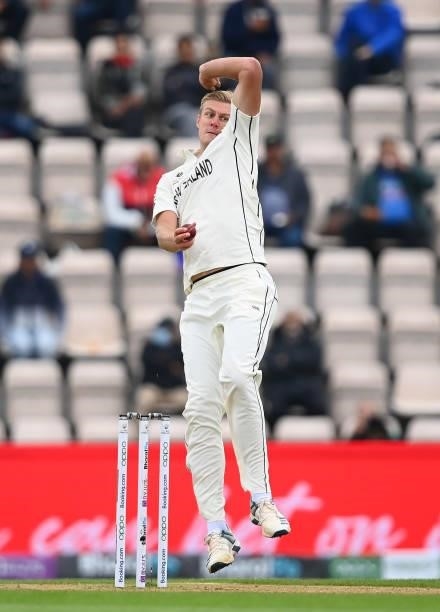 Kyle Jamieson of New Zealand bowls during Day 2 of the ICC World Test Championship Final between India and New Zealand at The Hampshire Bowl on June...