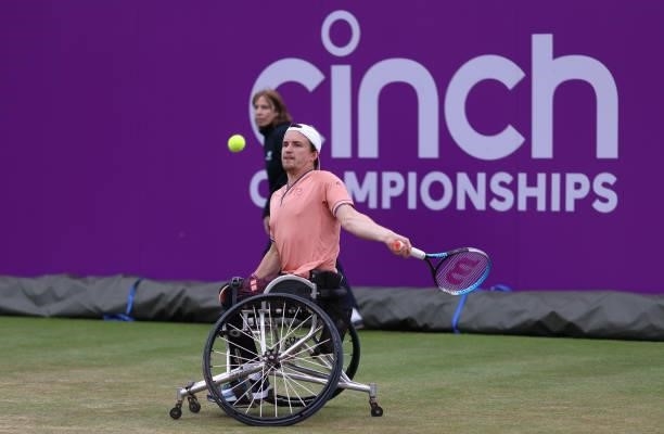 Gordon Reid of Great Britain plays a forehand during his Semi-final match against Tom Egberink of Neatherlands during Day 6 of The cinch...