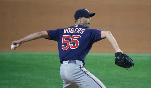 Taylor Rogers of the Minnesota Twins pitches against the Texas Rangers during the eighth inning at Globe Life Field on June 18, 2021 in Arlington,...