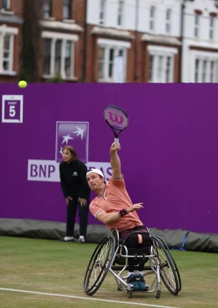 Gordon Reid of Great Britain serves during his Semi-final match against Tom Egberink of Neatherlands during Day 6 of The cinch Championships at The...