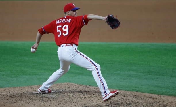 Brett Martin of the Texas Rangers pitches against the Minnesota Twins during the sixth inning at Globe Life Field on June 18, 2021 in Arlington,...