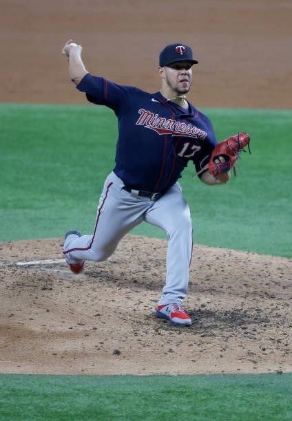 Jose Berrios of the Minnesota Twins pitches against the Texas Rangers during the second inning at Globe Life Field on June 18, 2021 in Arlington,...