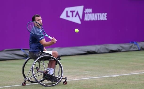 Tom Egberink of Netherlands plays a backhand during his Semi-final match against Gordon Reid of Great Britain during Day 6 of The cinch Championships...