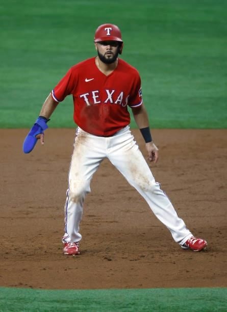 Isiah Kiner-Falefa of the Texas Rangers leads off from first base against the Minnesota Twins during the second inning at Globe Life Field on June...