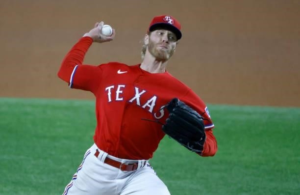 Mike Foltynewicz of the Texas Rangers pitches against the Minnesota Twins during the second inning at Globe Life Field on June 18, 2021 in Arlington,...