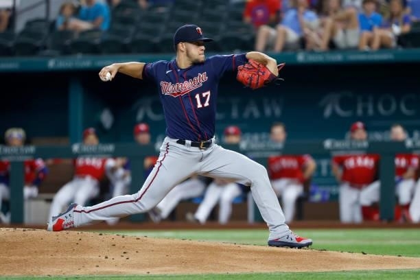 Jose Berrios of the Minnesota Twins pitches against the Texas Rangers during the first inning at Globe Life Field on June 18, 2021 in Arlington,...